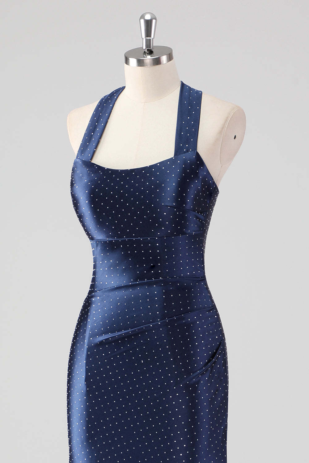 Glitter Navy Halter Mermaid Tea Length Formal Dress