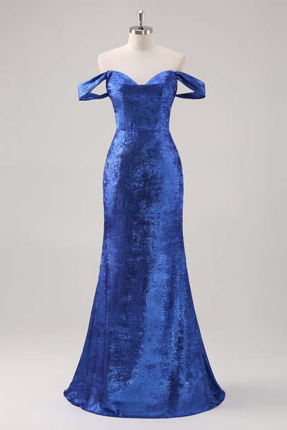 Leely Women Royal Blue Mermaid Maxi Formal Dress Off the Shoulder Metallic Wedding Guest Dress