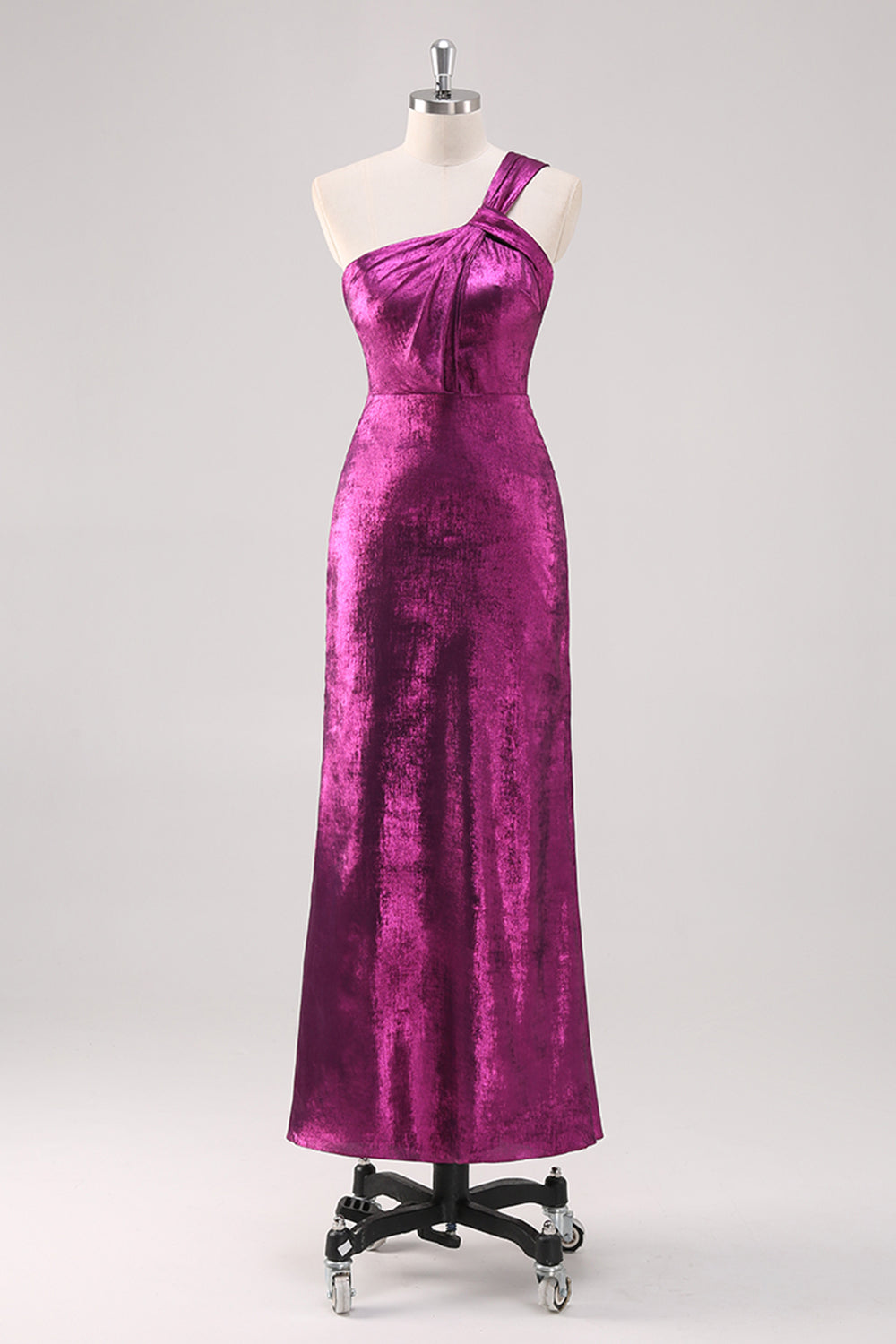 Leely Women Fuchsia One Shoulder Sheath Formal Dress Metallic Tea Length Wedding Guest Dress