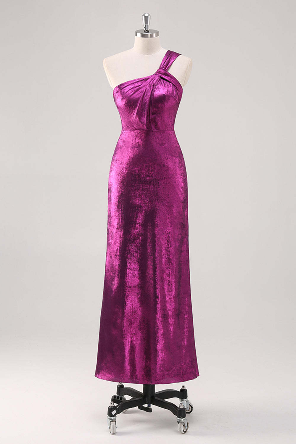 Leely Women Fuchsia One Shoulder Sheath Formal Dress Metallic Tea Length Wedding Guest Dress