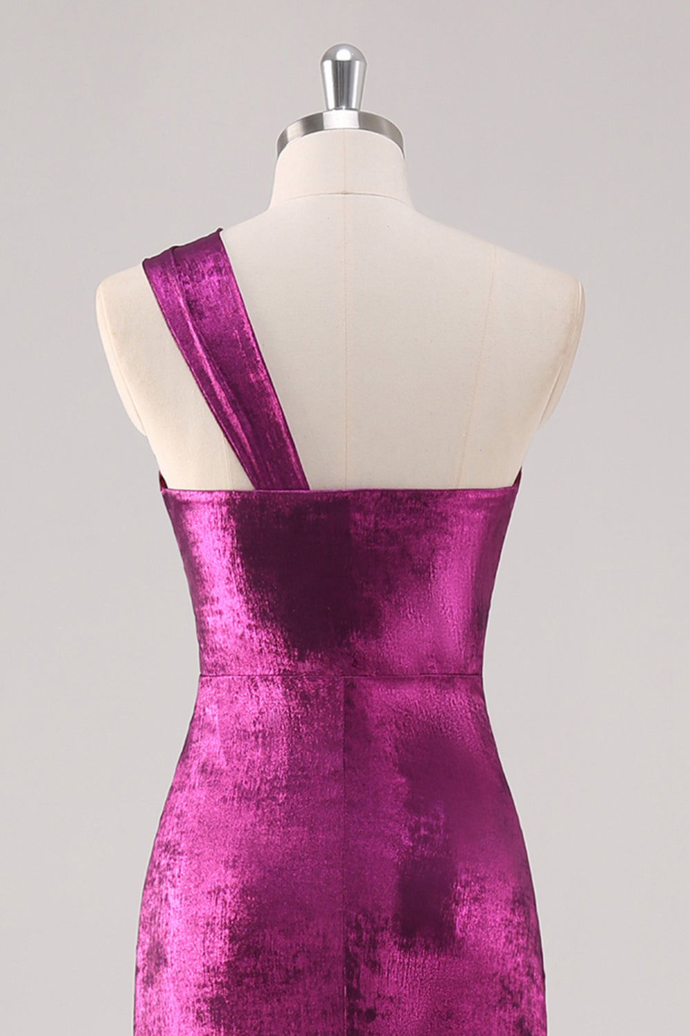 Fuchsia Metallic One Shoulder Sheath Tea Length Formal Dress