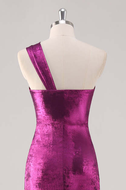 Fuchsia Metallic One Shoulder Sheath Tea Length Formal Dress
