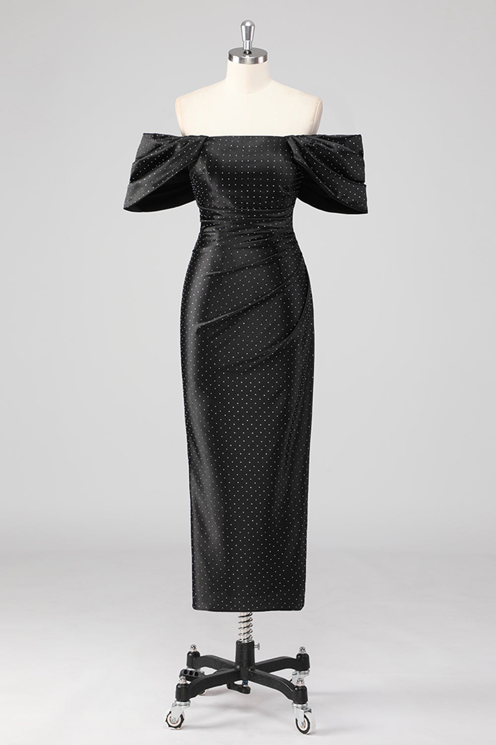 Leely Women Black Sheath Formal Dress with Rhinestones Off the Shoulder Tea Length Wedding Guest Dress