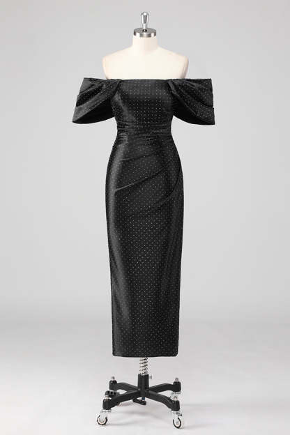 Leely Women Black Sheath Formal Dress with Rhinestones Off the Shoulder Tea Length Wedding Guest Dress