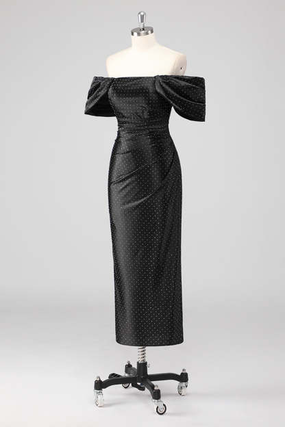 Black Off the Shoulder Sheath Formal Dress with Rhinestones