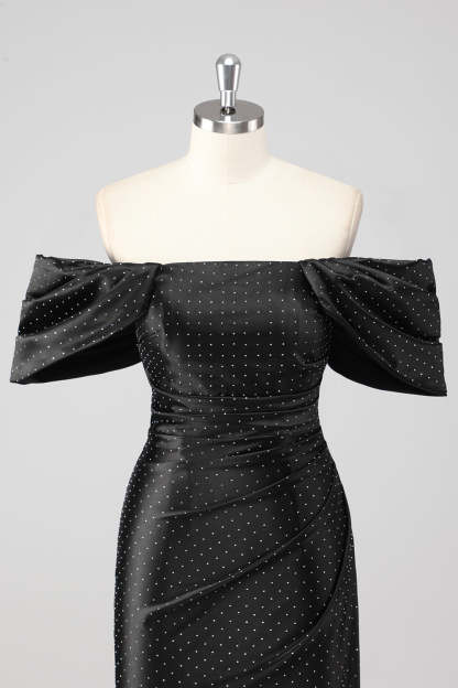 Black Off the Shoulder Sheath Formal Dress with Rhinestones