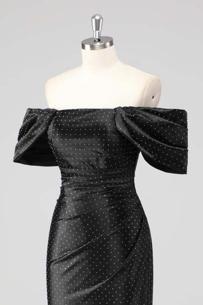 Black Off the Shoulder Sheath Formal Dress with Rhinestones