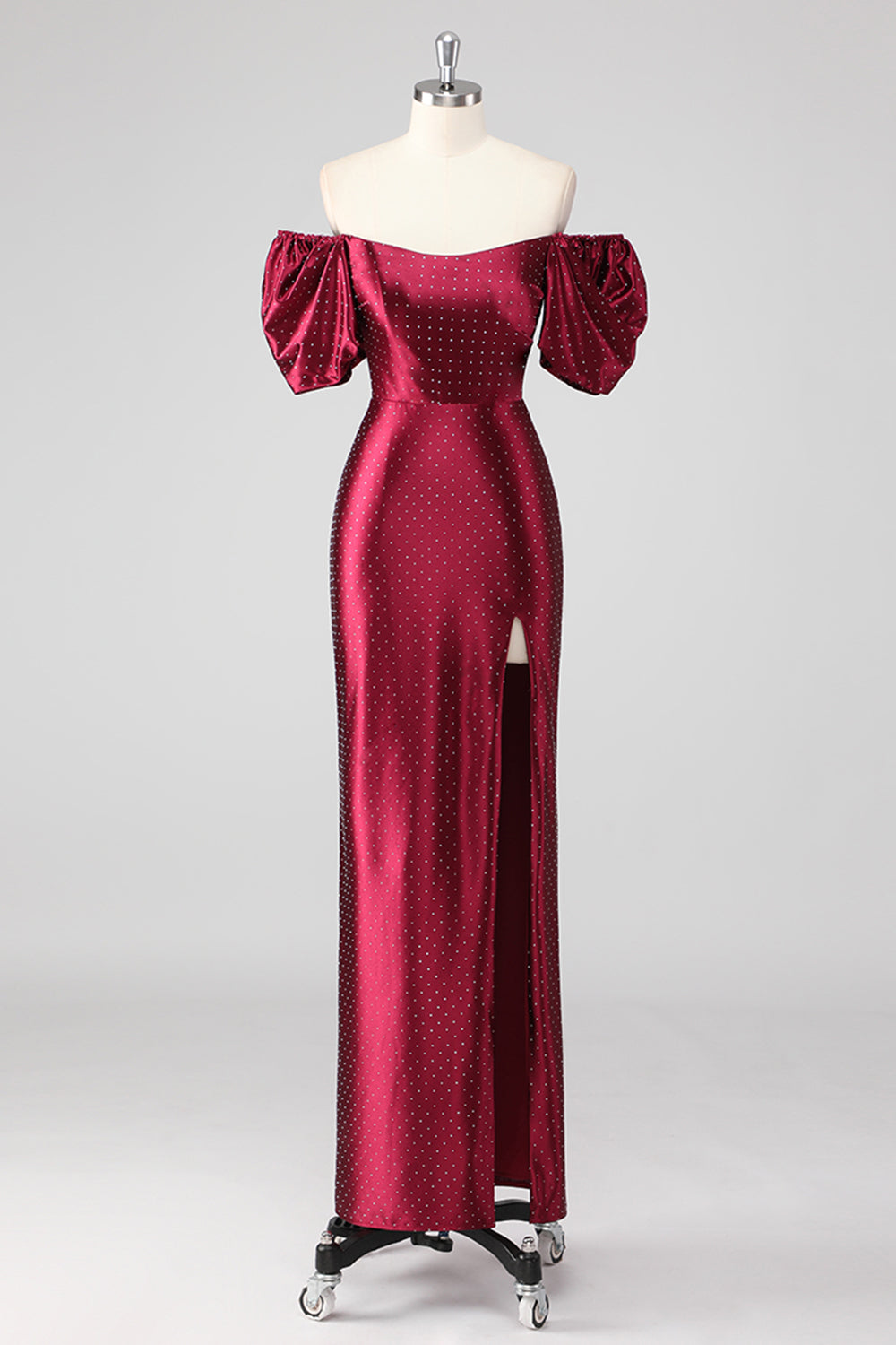 Leely Women Burgundy Puff Sleeves Sheath Formal Dress with Slit Off the Shoulder Long Wedding Guest Dress with Rhinestones