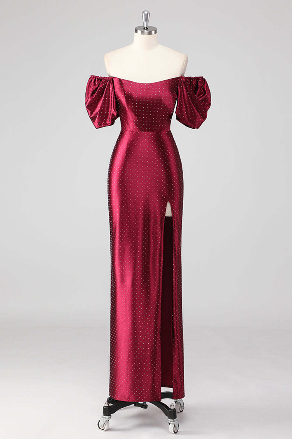 Leely Women Burgundy Puff Sleeves Sheath Formal Dress with Slit Off the Shoulder Long Wedding Guest Dress with Rhinestones