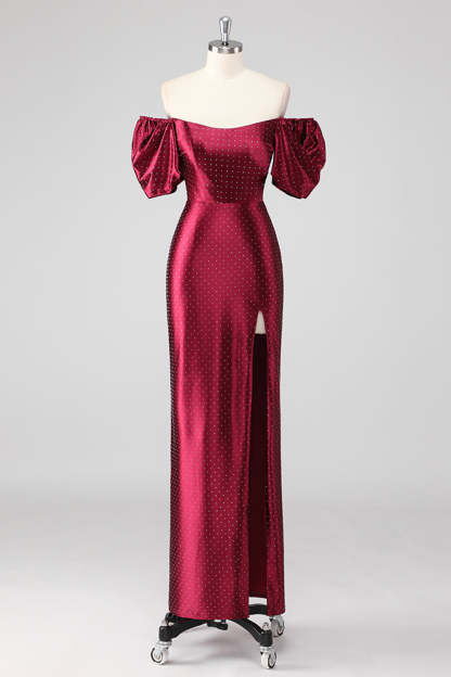 Leely Women Burgundy Puff Sleeves Sheath Formal Dress with Slit Off the Shoulder Long Wedding Guest Dress with Rhinestones