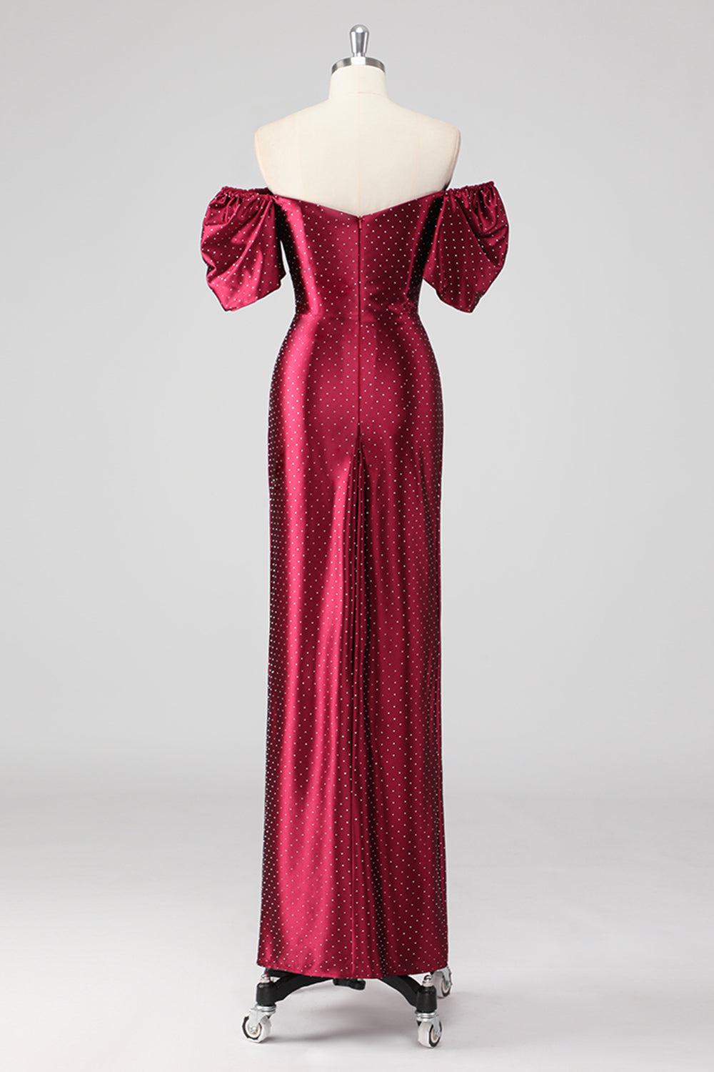 Burgundy Off the Shoulder Puff Sleeves Sheath Formal Dress with Slit