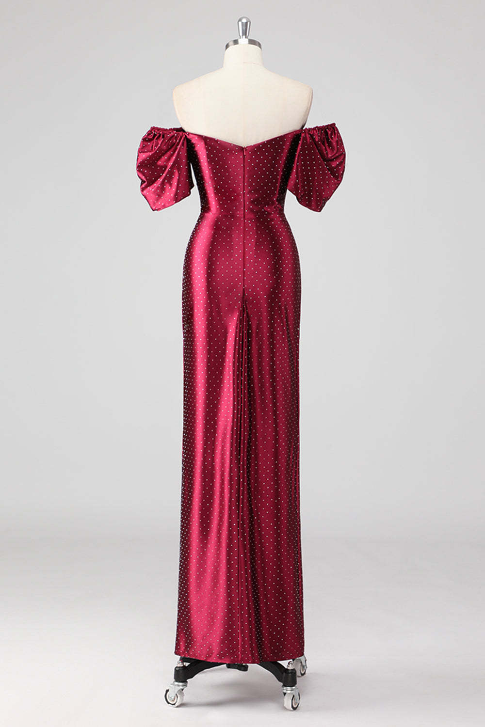 Burgundy Off the Shoulder Puff Sleeves Sheath Formal Dress with Slit