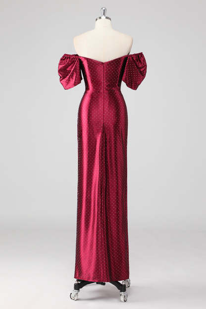 Burgundy Off the Shoulder Puff Sleeves Sheath Formal Dress with Slit