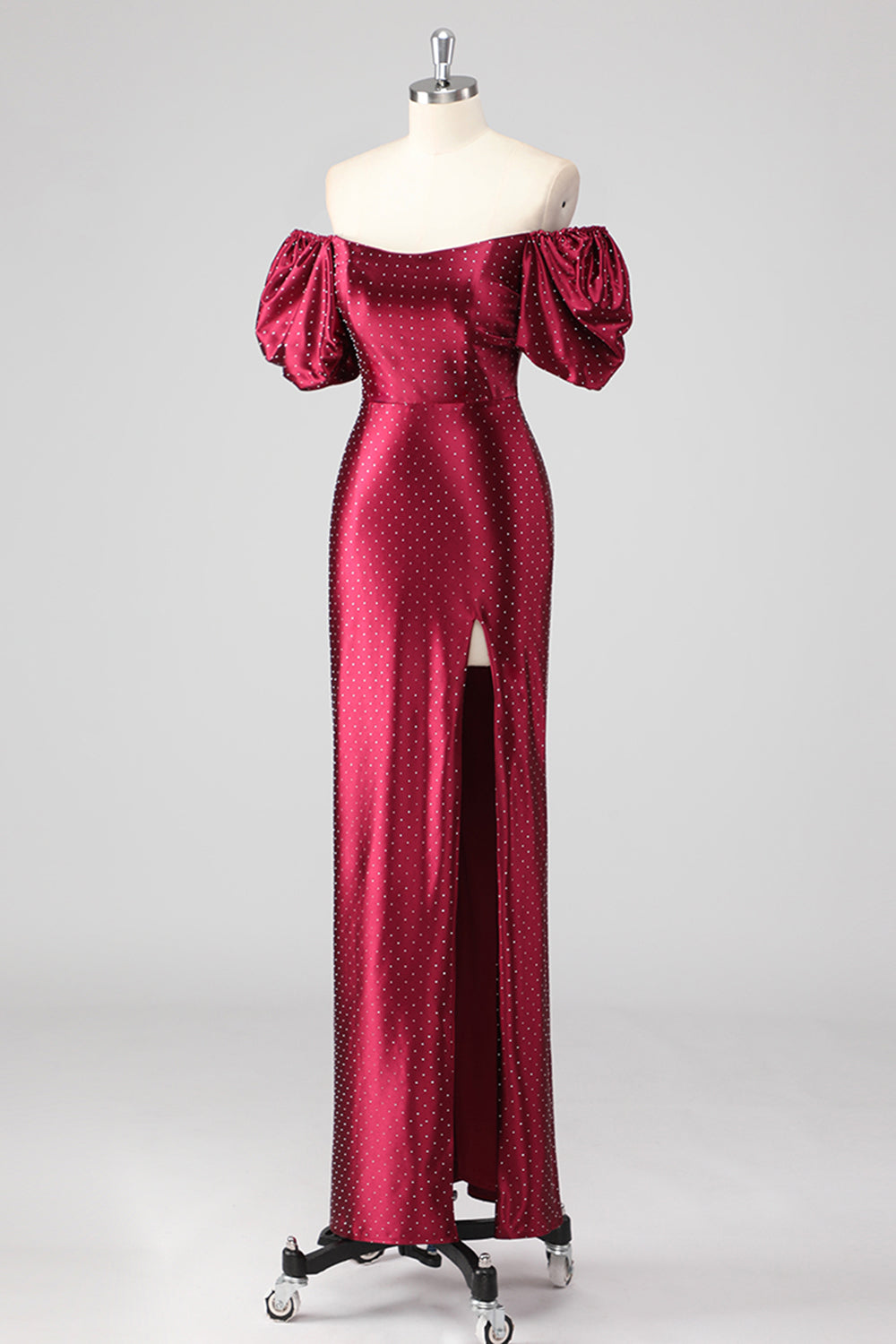 Burgundy Off the Shoulder Puff Sleeves Sheath Formal Dress with Slit