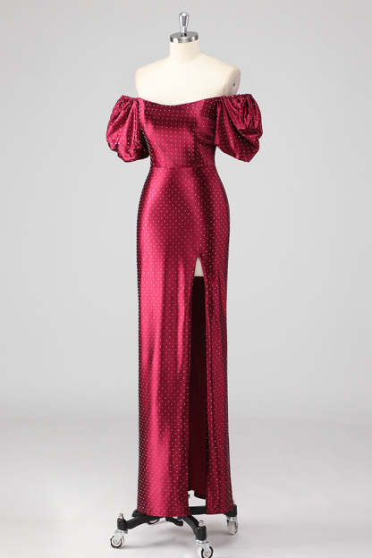 Burgundy Off the Shoulder Puff Sleeves Sheath Formal Dress with Slit