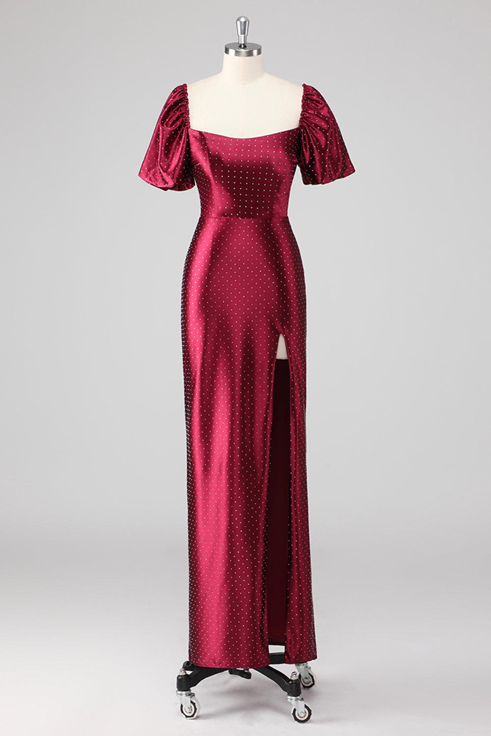 Burgundy Off the Shoulder Puff Sleeves Sheath Formal Dress with Slit