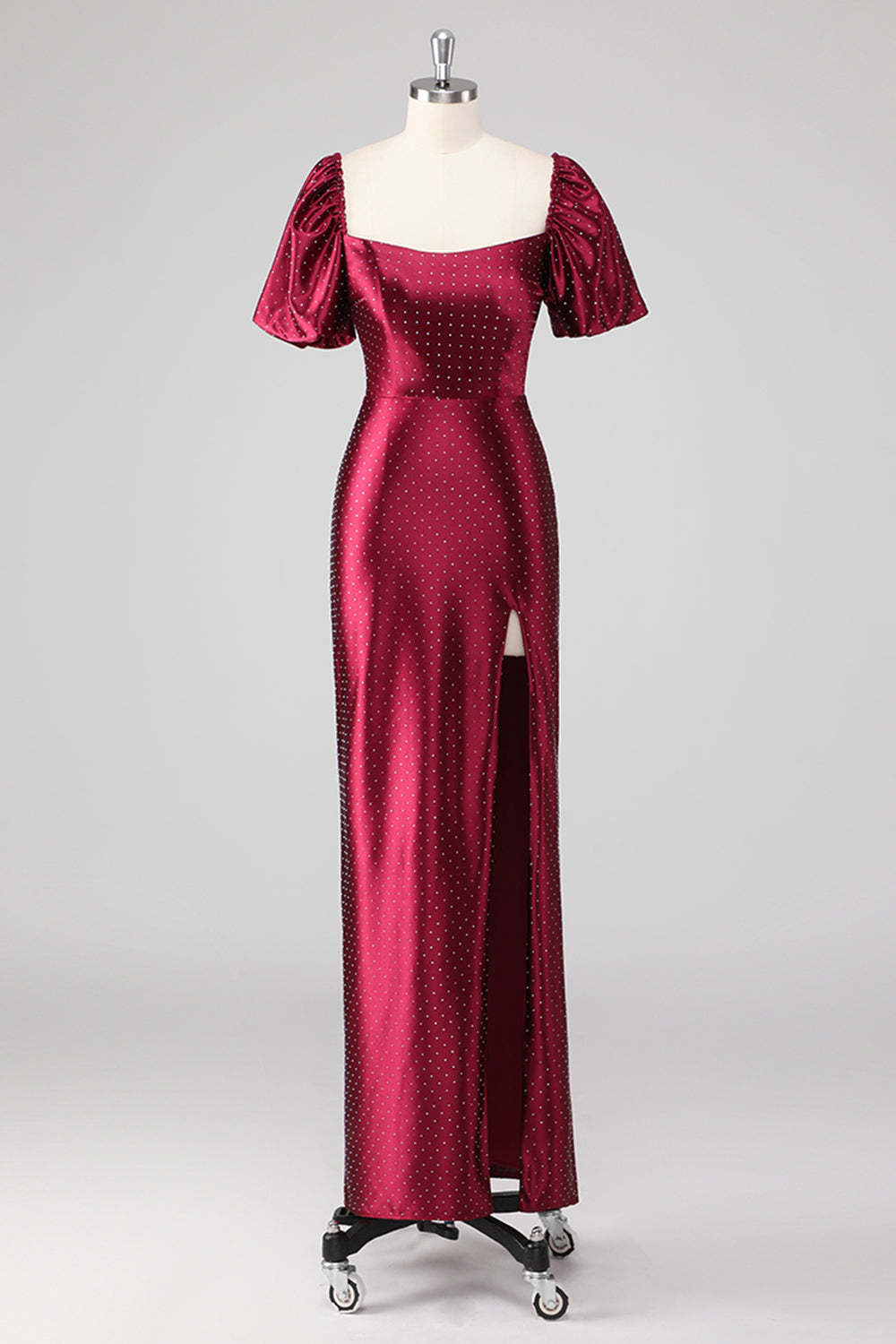 Burgundy Off the Shoulder Puff Sleeves Sheath Formal Dress with Slit