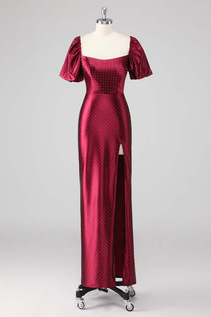 Burgundy Off the Shoulder Puff Sleeves Sheath Formal Dress with Slit