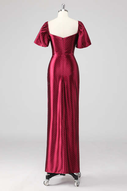 Burgundy Off the Shoulder Puff Sleeves Sheath Formal Dress with Slit