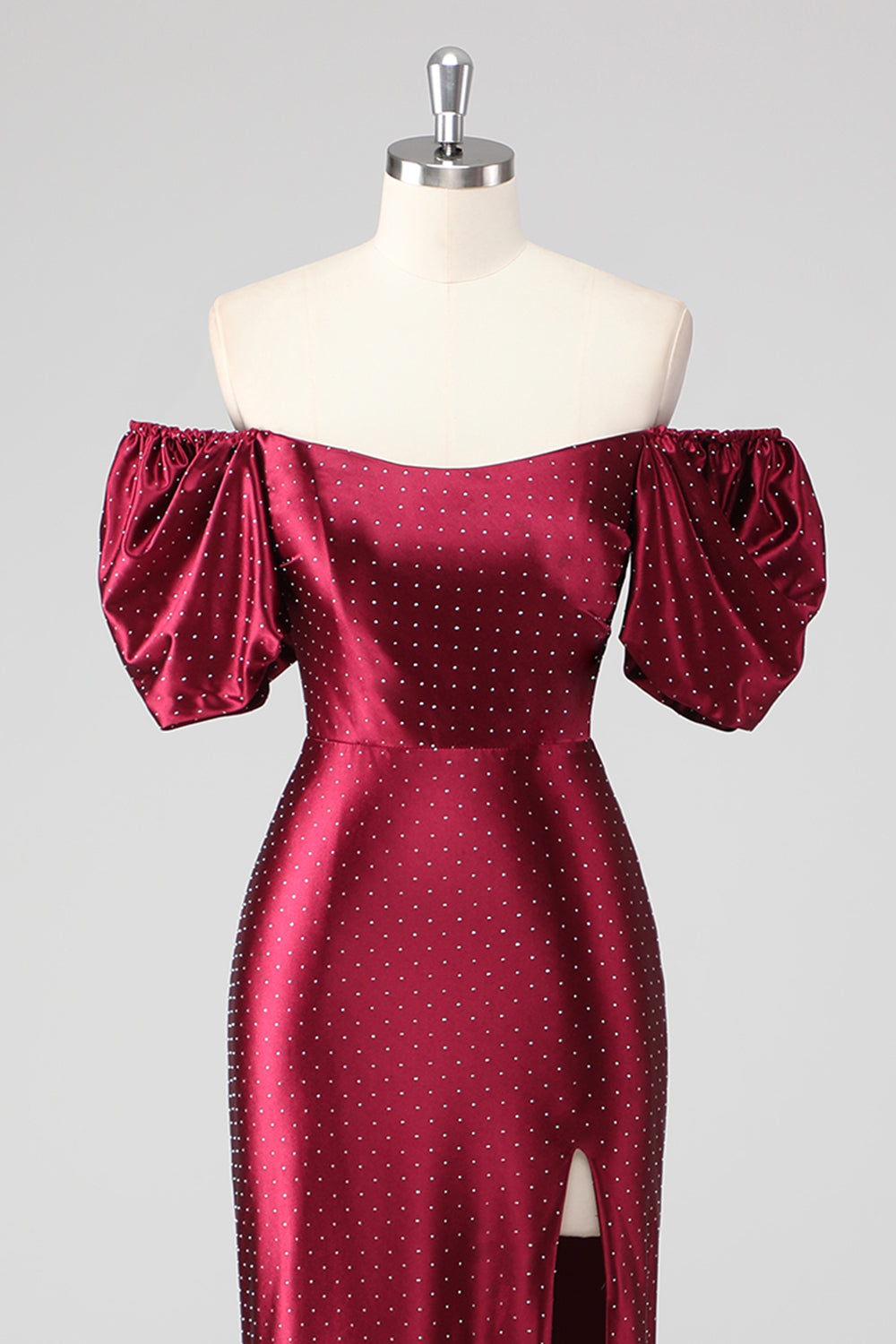 Burgundy Off the Shoulder Puff Sleeves Sheath Formal Dress with Slit