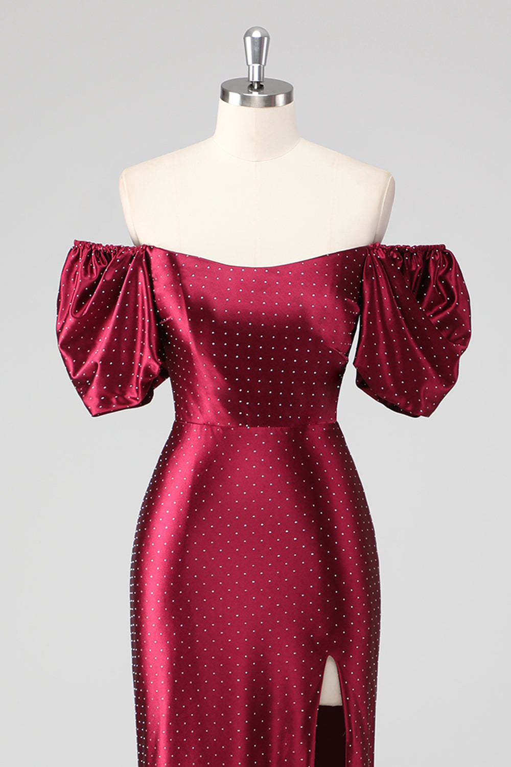 Burgundy Off the Shoulder Puff Sleeves Sheath Formal Dress with Slit