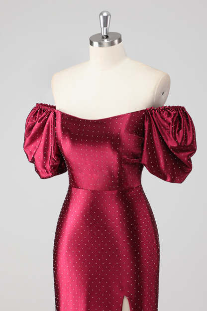 Burgundy Off the Shoulder Puff Sleeves Sheath Formal Dress with Slit