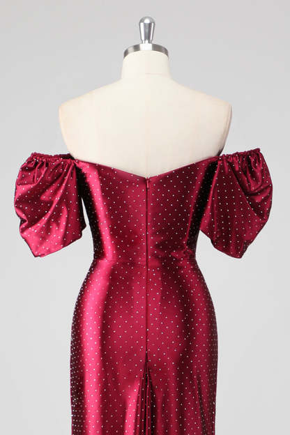 Burgundy Off the Shoulder Puff Sleeves Sheath Formal Dress with Slit