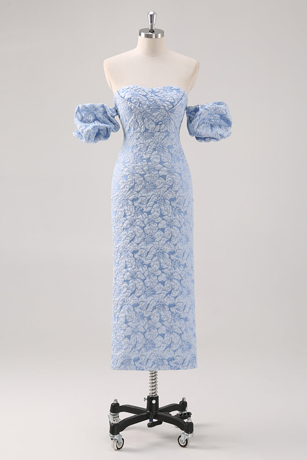 Leely Women Blue Floral Printed Sheath Formal Dress Strapless Detachable Sleeves Tea Length Wedding Guest Dress