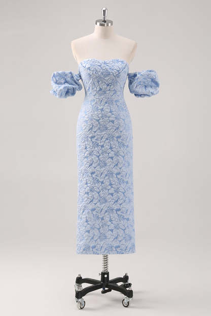 Leely Women Blue Floral Printed Sheath Formal Dress Strapless Detachable Sleeves Tea Length Wedding Guest Dress