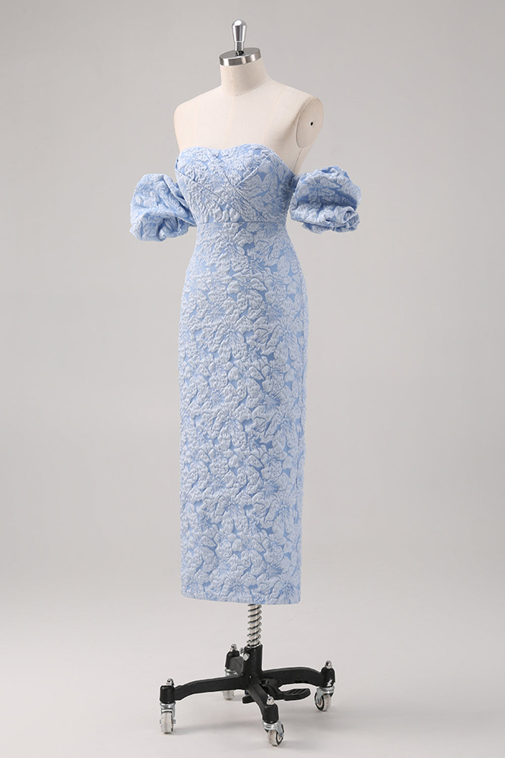 Blue Strapless Floral Printed Sheath Formal Dress with Detachable Sleeves