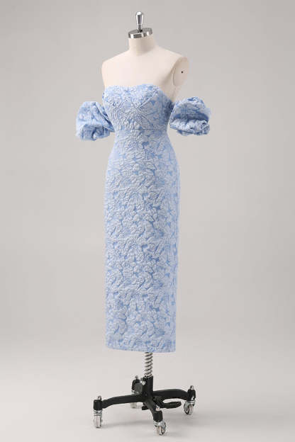 Blue Strapless Floral Printed Sheath Formal Dress with Detachable Sleeves