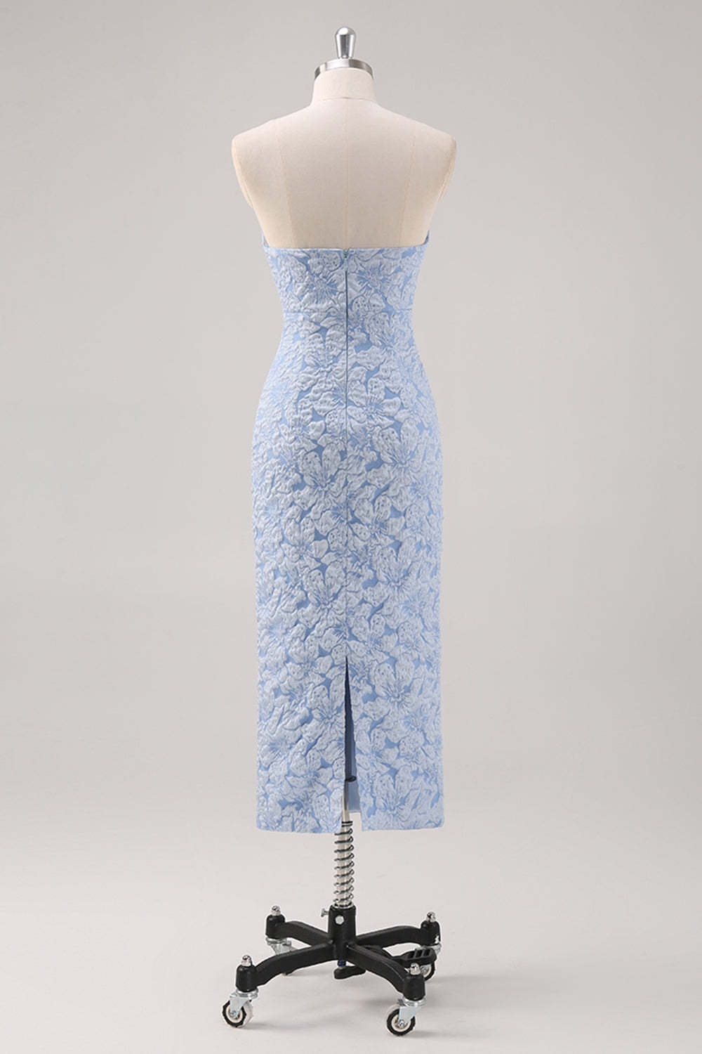 Blue Strapless Floral Printed Sheath Formal Dress with Detachable Sleeves