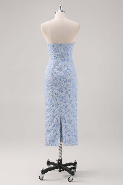 Blue Strapless Floral Printed Sheath Formal Dress with Detachable Sleeves
