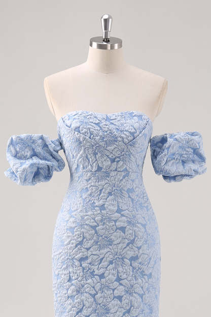Blue Strapless Floral Printed Sheath Formal Dress with Detachable Sleeves