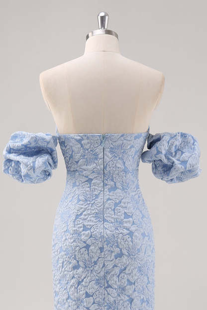 Blue Strapless Floral Printed Sheath Formal Dress with Detachable Sleeves