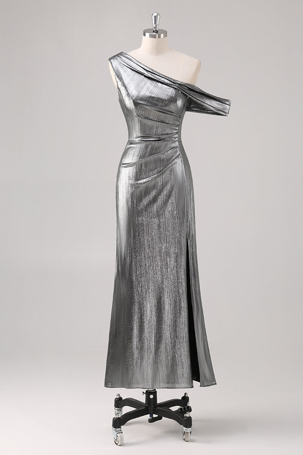 Leely Women Silver Black One Shoulder Fishtail Formal Dress with Slit Metallic Tea Length Wedding Guest Dress