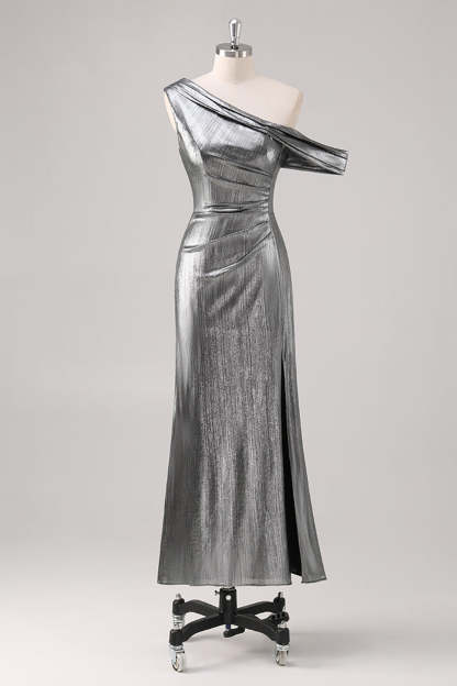 Leely Women Silver Black One Shoulder Fishtail Formal Dress with Slit Metallic Tea Length Wedding Guest Dress