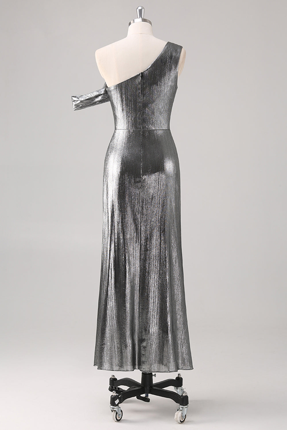 Silver Black One Shoulder Fishtail Tea Length Formal Dress with Slit