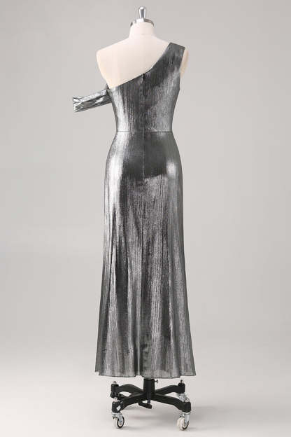 Silver Black One Shoulder Fishtail Tea Length Formal Dress with Slit
