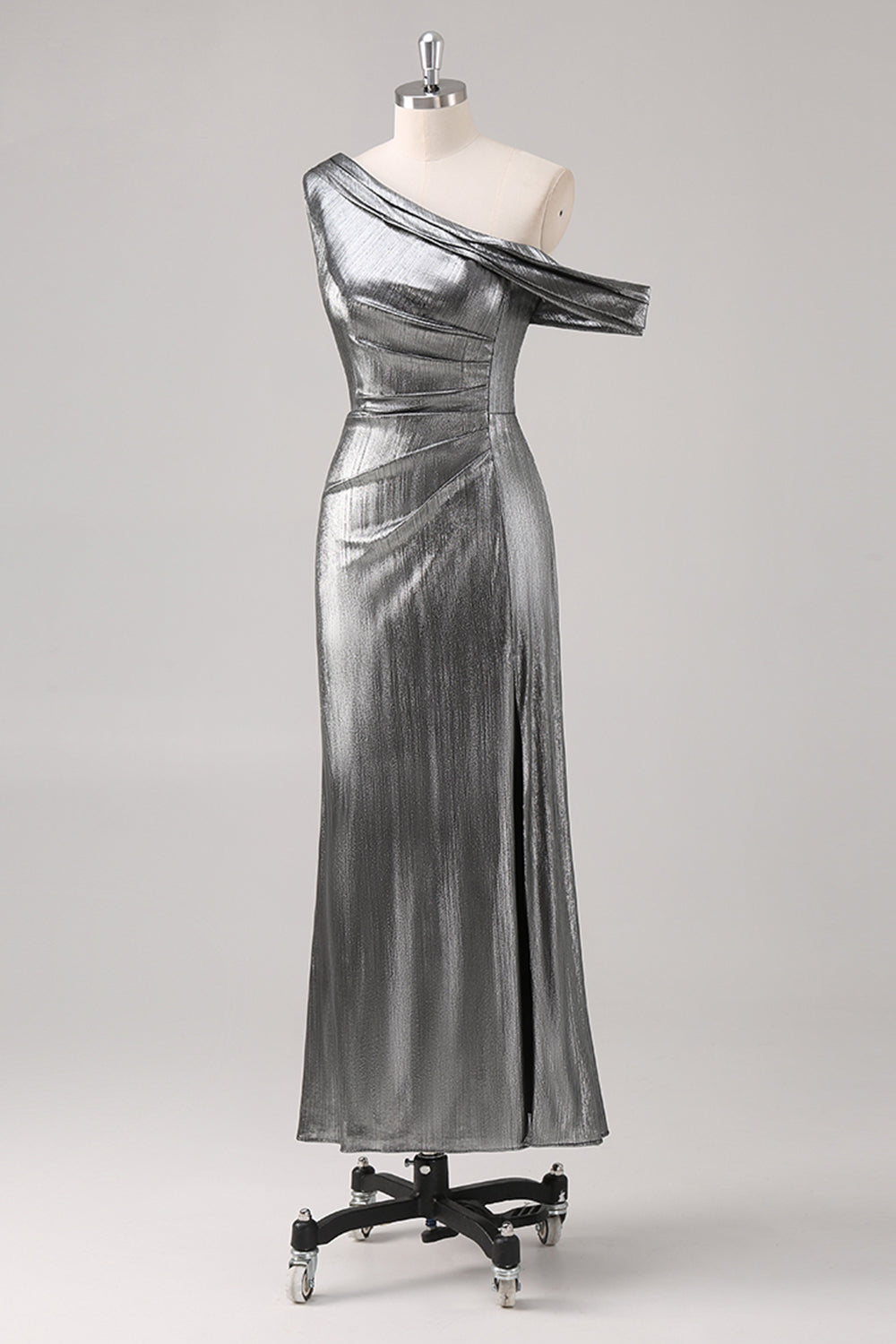 Silver Black One Shoulder Fishtail Tea Length Formal Dress with Slit
