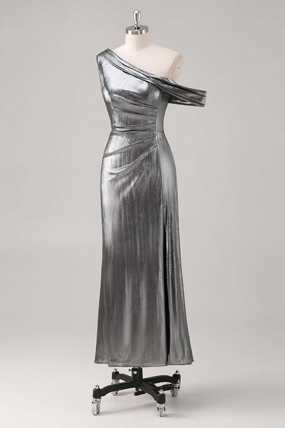 Silver Black One Shoulder Fishtail Tea Length Formal Dress with Slit