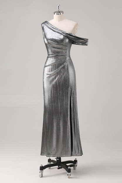 Silver Black One Shoulder Fishtail Tea Length Formal Dress with Slit