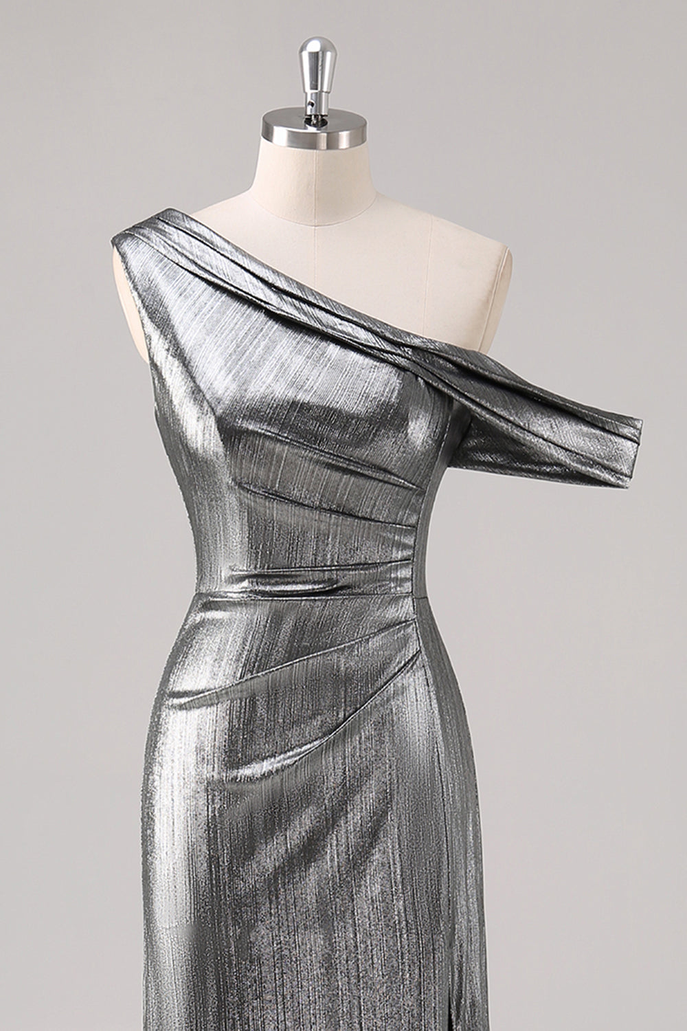 Silver Black One Shoulder Fishtail Tea Length Formal Dress with Slit