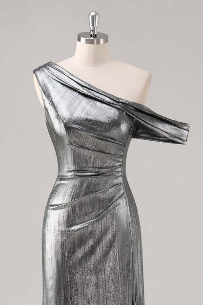 Silver Black One Shoulder Fishtail Tea Length Formal Dress with Slit
