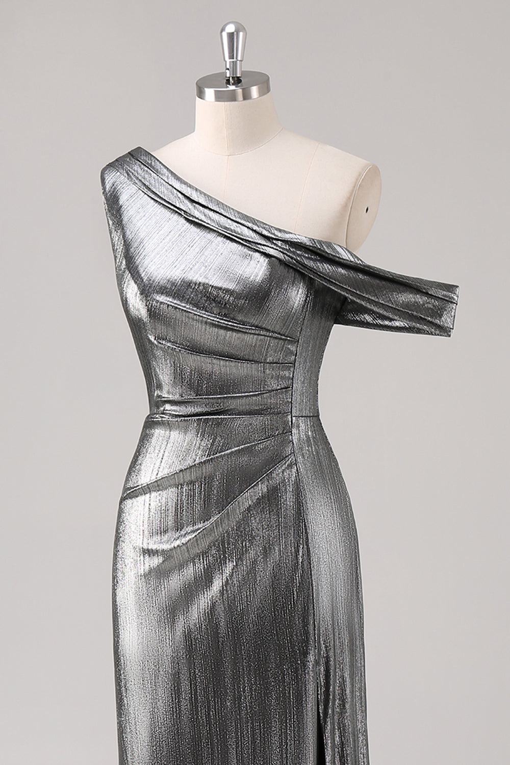 Silver Black One Shoulder Fishtail Tea Length Formal Dress with Slit