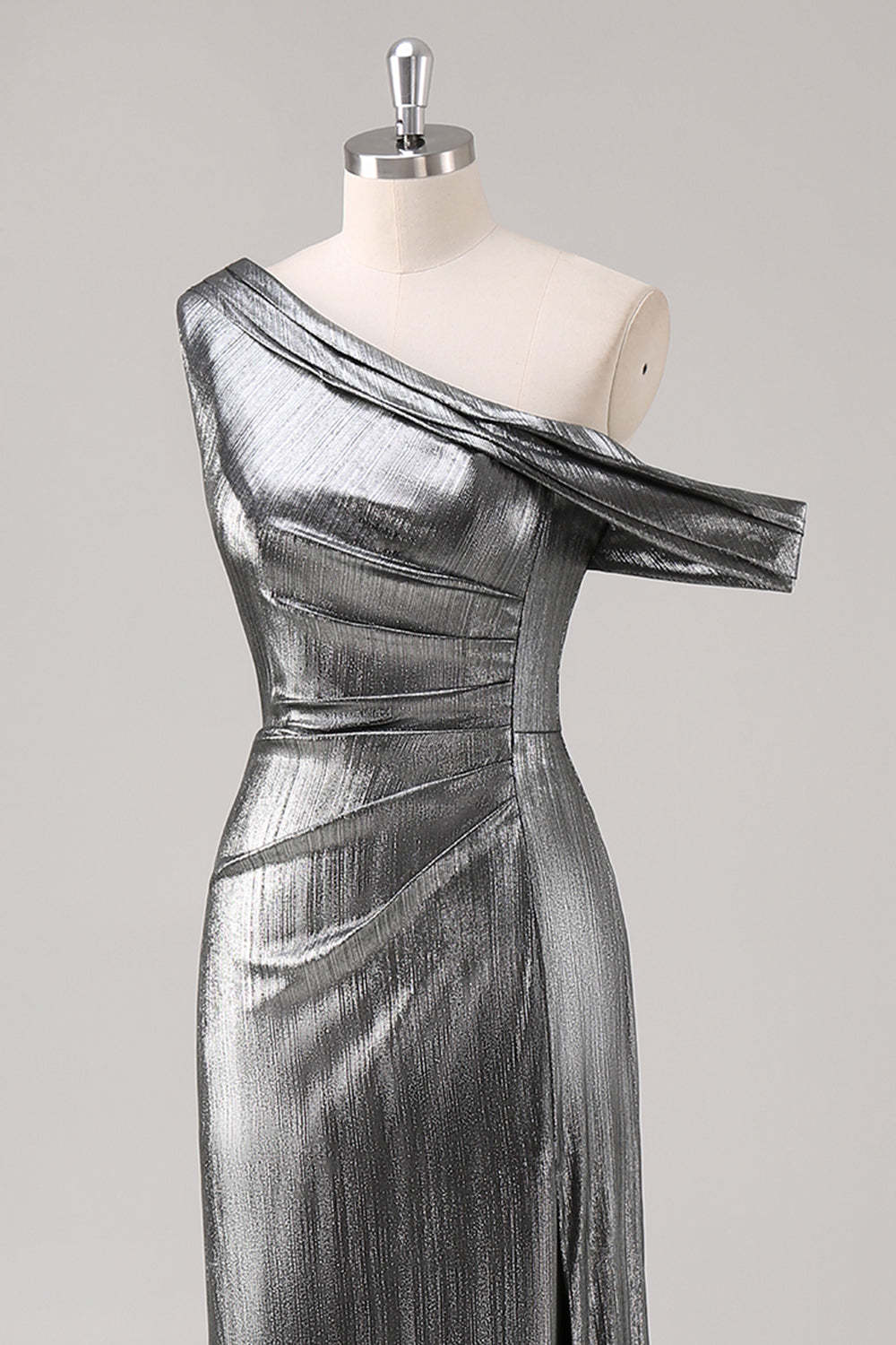 Silver Black One Shoulder Fishtail Tea Length Formal Dress with Slit