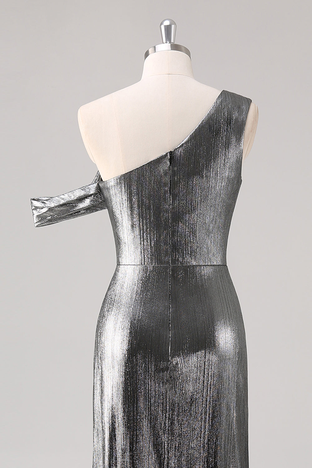 Silver Black One Shoulder Fishtail Tea Length Formal Dress with Slit