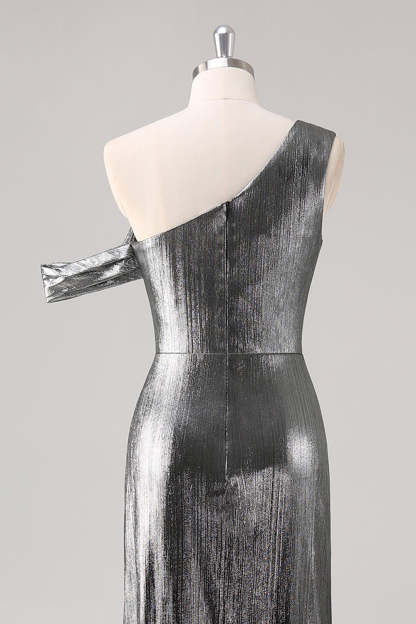Silver Black One Shoulder Fishtail Tea Length Formal Dress with Slit