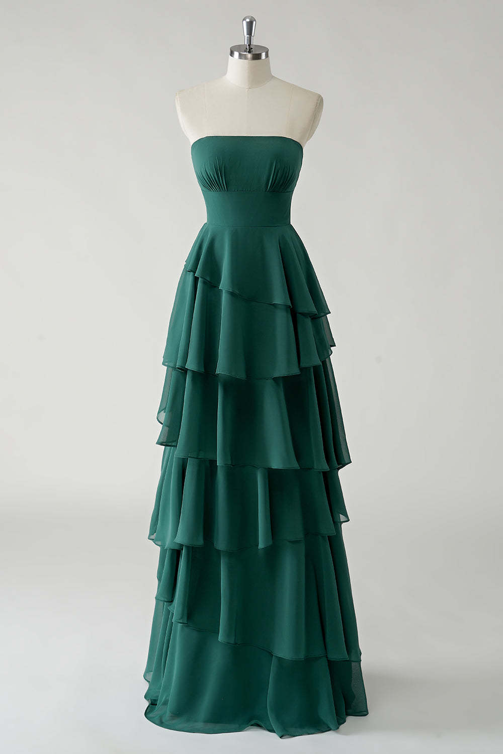 Leely Women Dark Green Strapless Tiered Chiffon Bridesmaid Dress A-Line Removeable Shoulder Straps Wedding Guest Dress