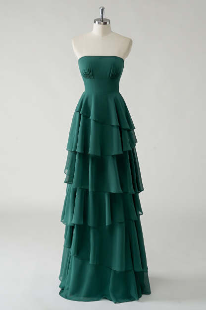 Leely Women Dark Green Strapless Tiered Chiffon Bridesmaid Dress A-Line Removeable Shoulder Straps Wedding Guest Dress